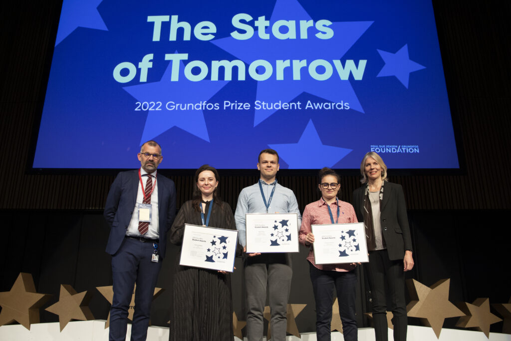 2022 Grundfos Prize Student Awards winners with Foundation CEO Kim Nøhr Skibsted and Grundfos CHRO Mirjam Baijens