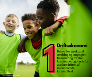 Der er behov for strukturel ændring og langsigtet finansiering fra stat, kommuner og fonde for at sikre drift af inkluderende idrætstilbud. Der er samtidig behov for at skabe synergi mellem sundheds-, social- og kulturområdet.